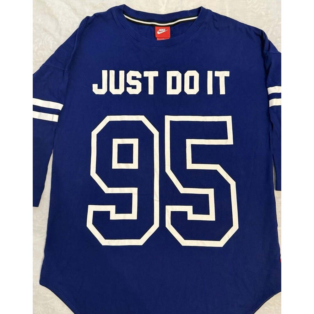 Nike Just Do It 95 Blue White Trim 3/4 Sleeves Pullover Baseball T-Shirt Women M